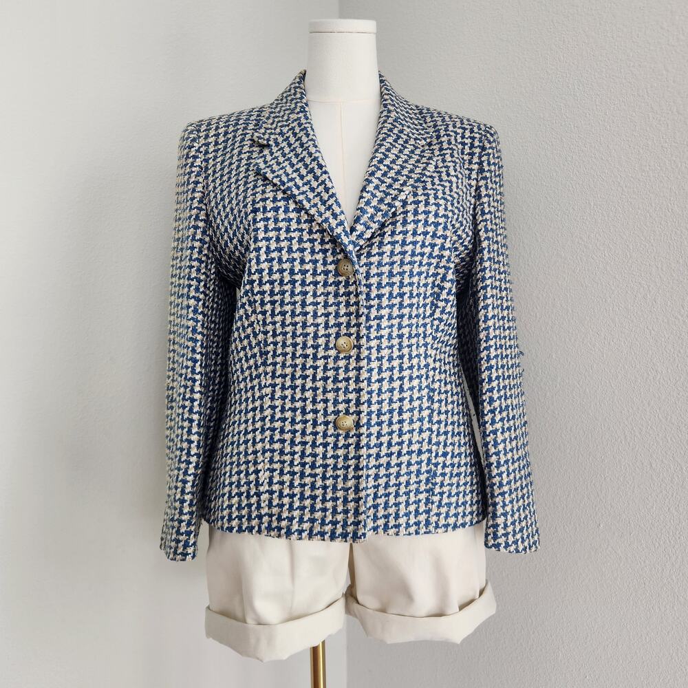 Vintage 90s Houndstooth Tweed Blazer Jacket Cream Blue 3 Button Long Sleeve L - Picture 2 of 13